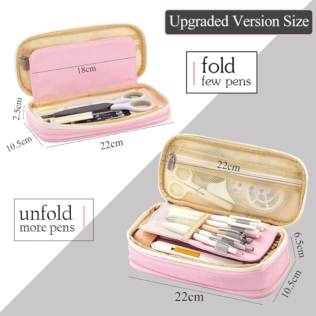 HASTHIP Large Capacity Pencil Case, Durable Storage Multiple Compartment Double Zipper Portable Capacity Pencil Pouch for College Student Teen, 22x11cm (Pink)