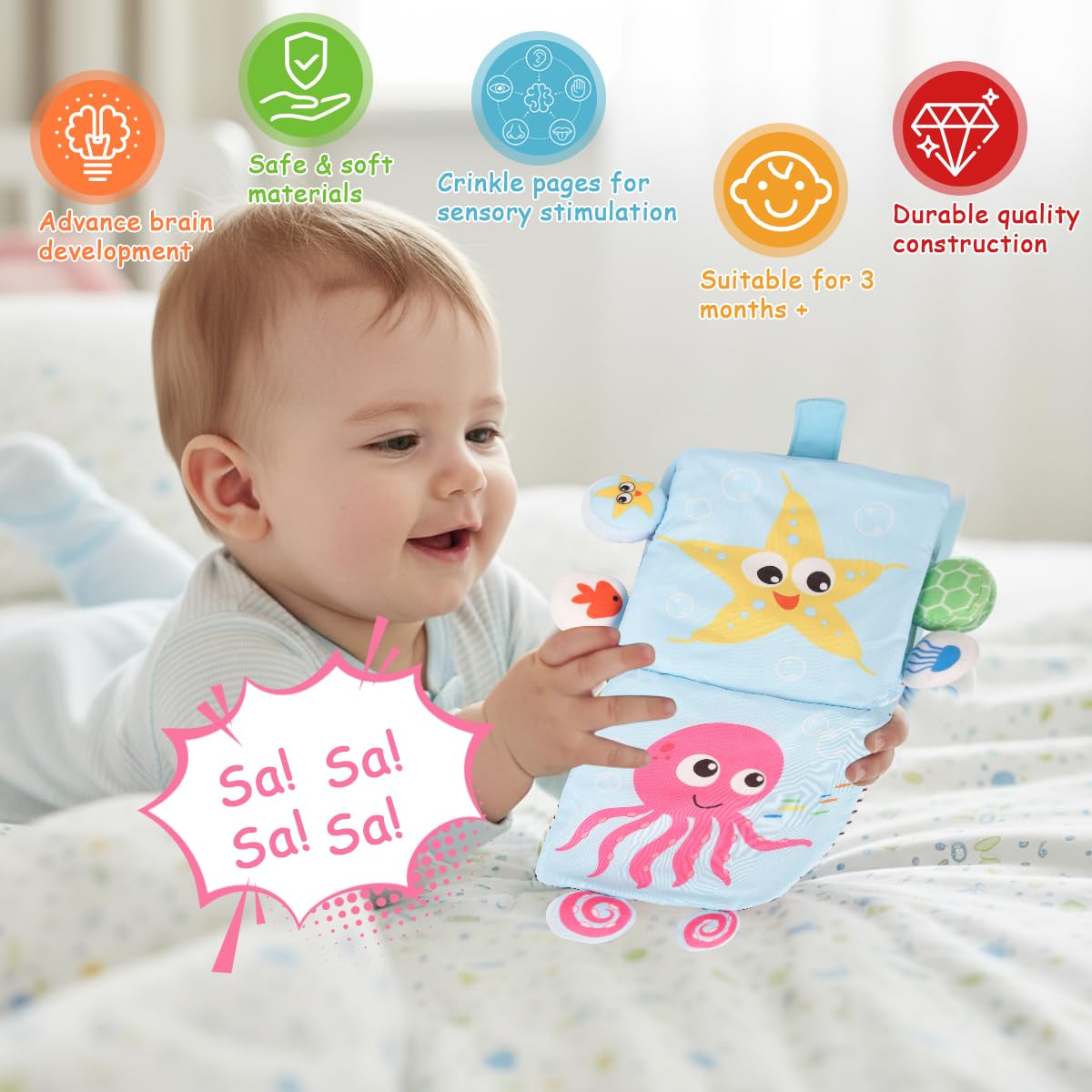 SNOWIE SOFT Baby Cloth Book for Stroller and Car Seat featuring Dimensional Animals | Sensory Toy for 0–6 Month Infants