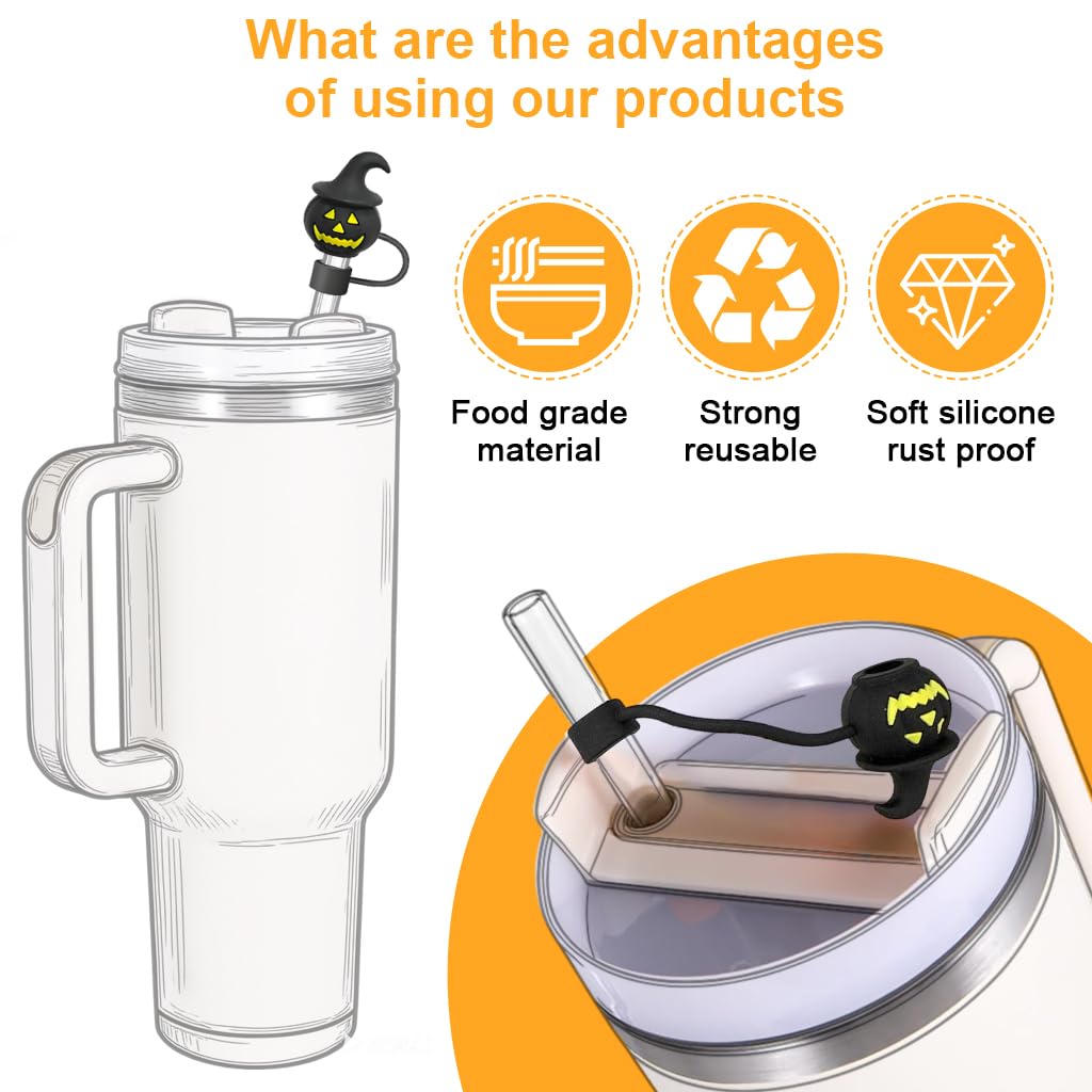 HASTHIP Halloween Silicone Straw Caps for 10mm Reusable Straws featuring Pumpkin and Ghost Designs