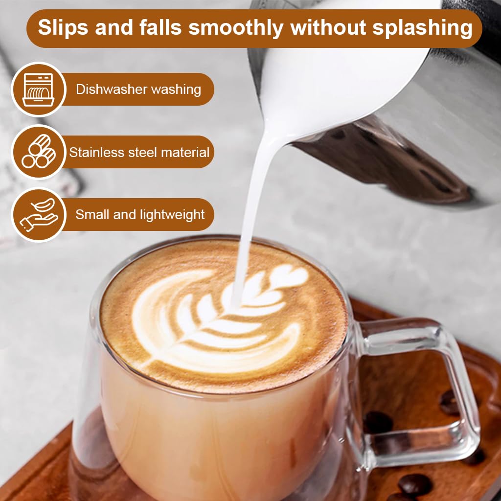 Supvox Milk Frothing Pitcher 350ml with Latte Art Pen featuring V Shape Nozzle & Wood Handle | Stainless Steel Coffee Jug for Barista