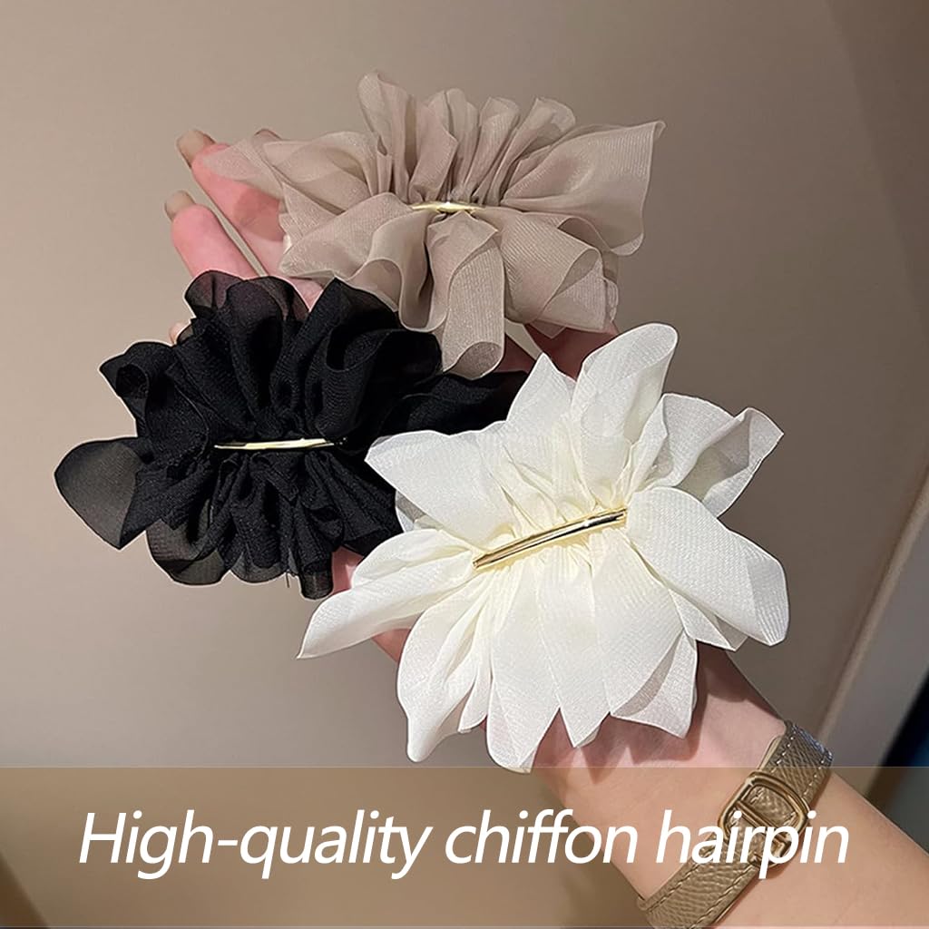 ZIBUYU 3 PC Chiffon Flower Hair Clips for Women with Secure Alligator Clip in White Beige Black
