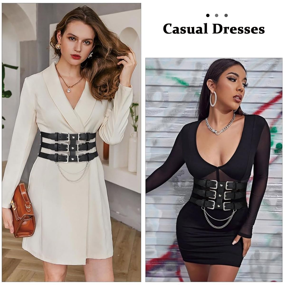 Venzina Wide Waist Belt for Women featuring Metal Chain Centerpiece 10cm Width | Elastic PU Leather Corset Style