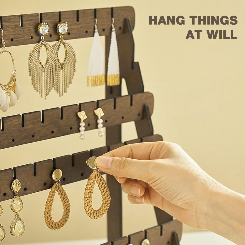 HASTHIP Earrings Organizer for Studs and Hooks with 98 Holes and 91 Slots | Wooden 7 Row Display Stand