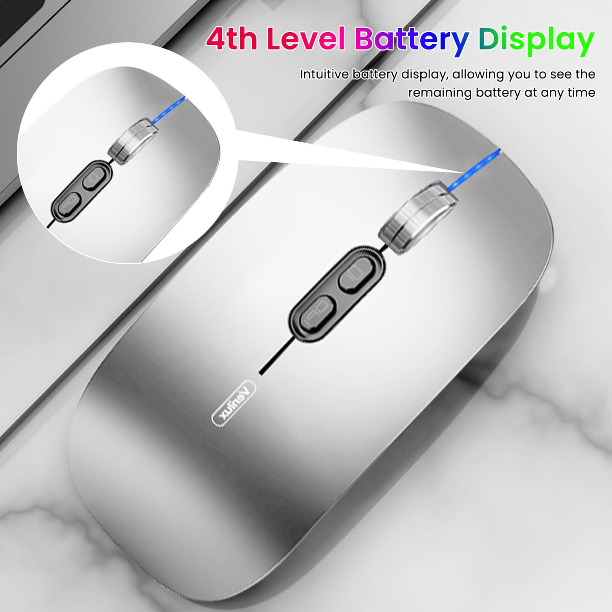 Verilux Wireless Mouse Rechargeable with Visible Battery Level 3 Modes 1600DPI Silver | for Laptop Mac PC iPad