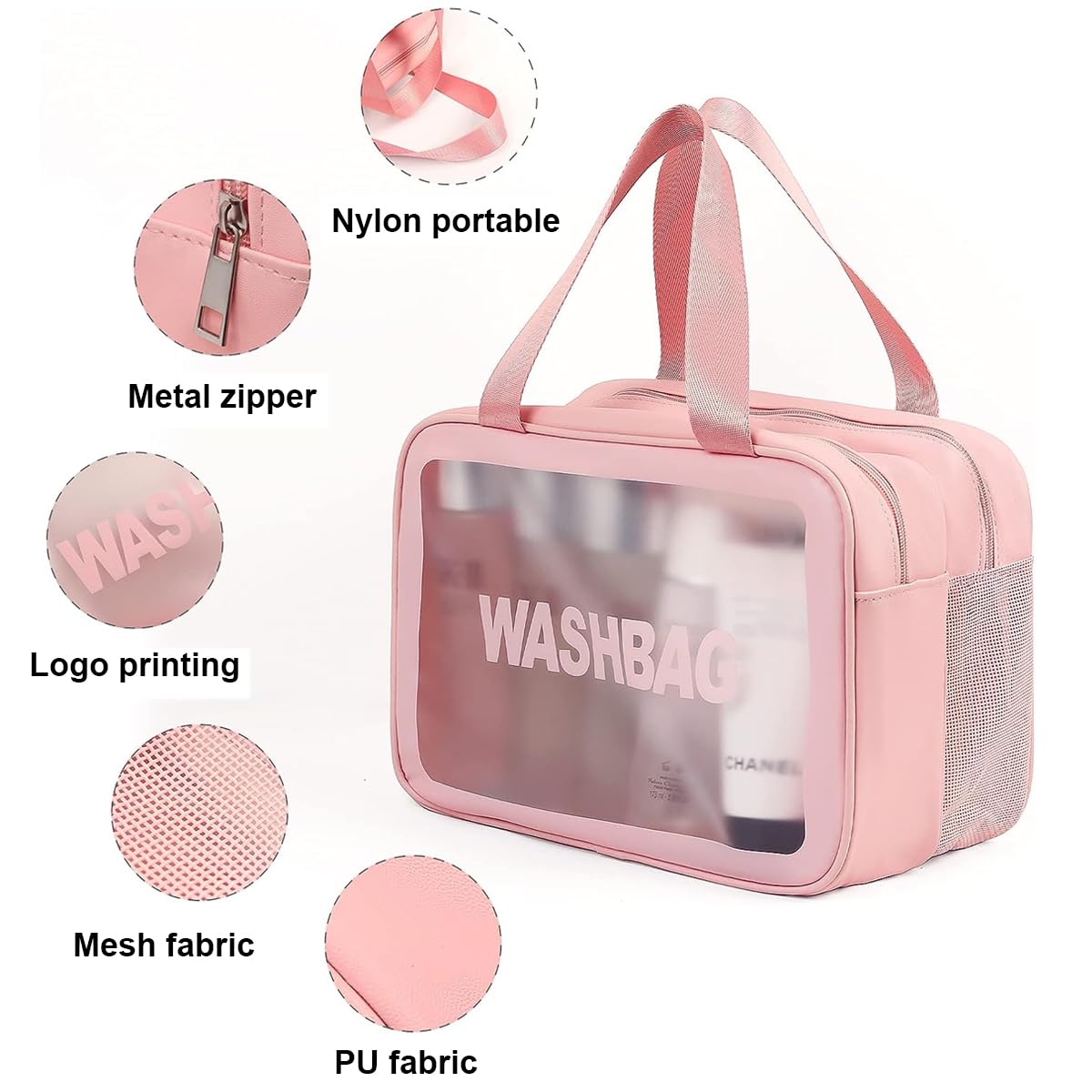 MAYCREATE® Travel Toiletry Bag, Large Clear Makeup Bags, 2 in 1 Cosmetics Bag with Zipper Handle, Translucent Waterproof and Draining Travel Accessories Bag, Pink