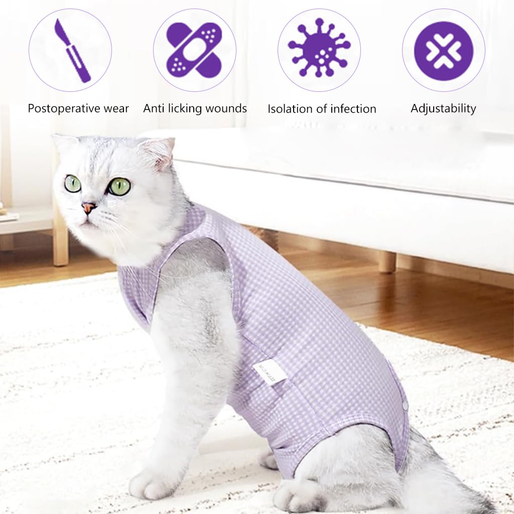 Qpets® Cat Clothes with Adjustable Neckline, Cat Recovery Suit After Surgery Cat Clothes Fix Wound Wrap, Snap Button Closure Design, Purple Plaids Cat Surgery Suit for Surgery Recovery, M