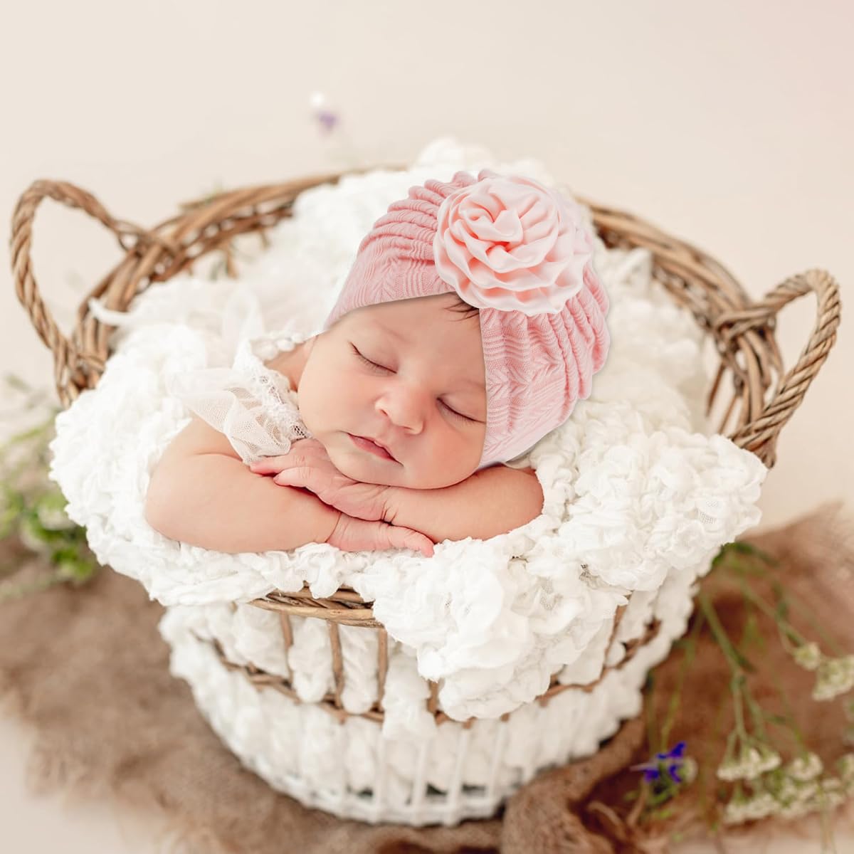 SNOWIE SOFT Baby Caps for Girls 0–24 Months with Flower Charm | 3Pcs Soft Knitted Beanie Set