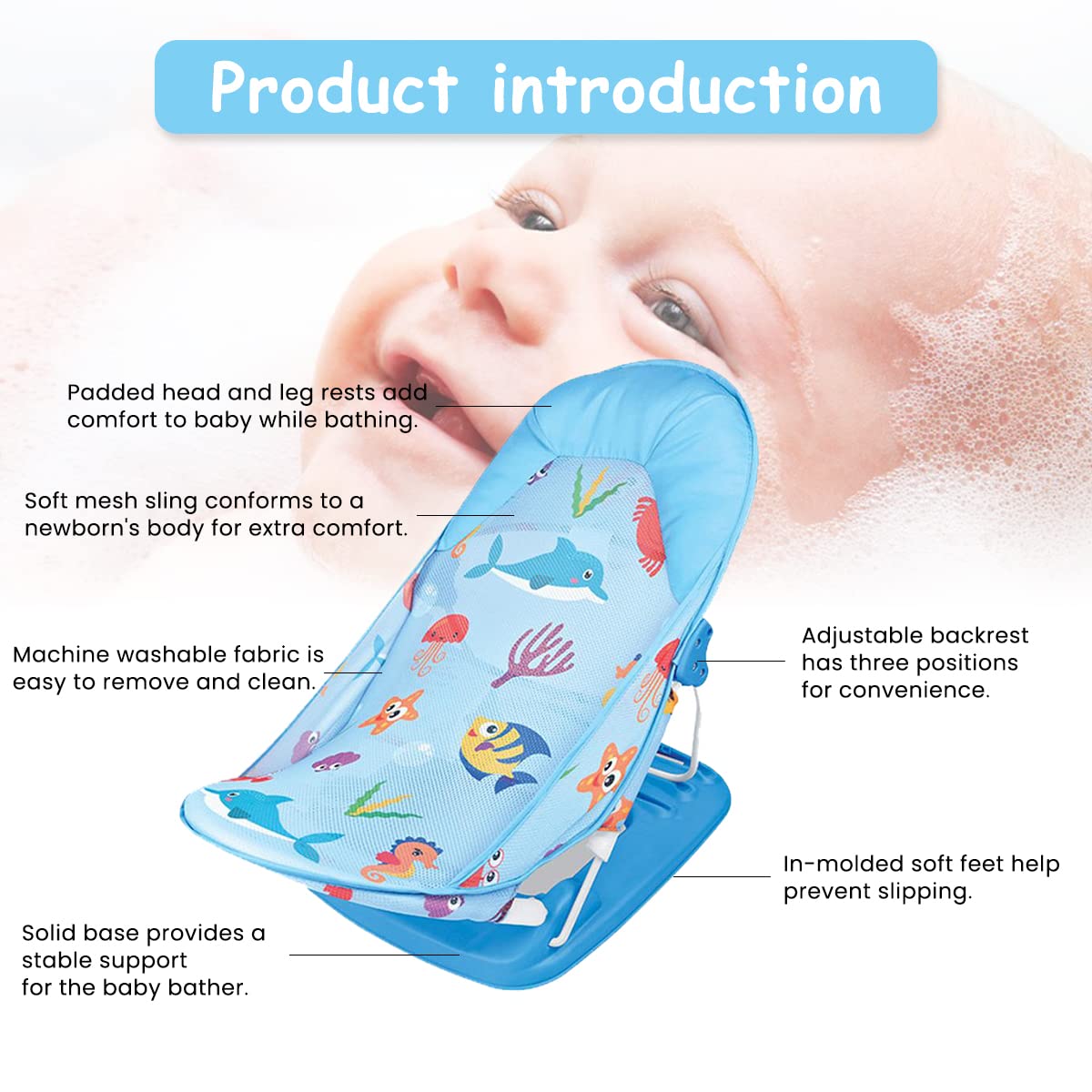 SNOWIE SOFT® Baby Bath Chair for Baby 0 to 2 Years, Foldable and Adjustable Baby Bather for New Born Baby, Washable Soft Mesh, Large Seat, 3 Height Adjustable