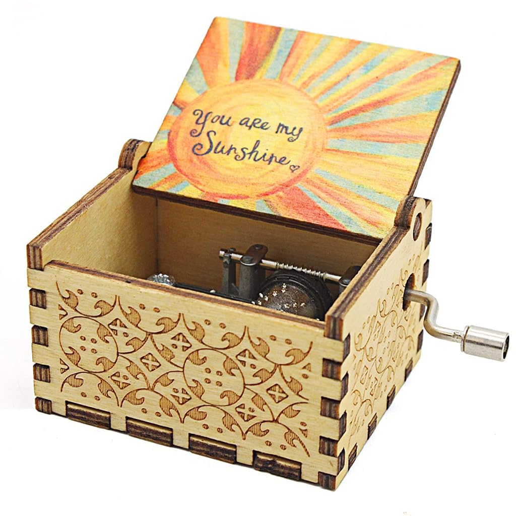 PATPAT Wooden Vintage Hand Crank Music Box for Birthday Gift featuring 6.4x5.2x4.2cm Compact Design | Hand-Painted Rainbow Sunshine Art