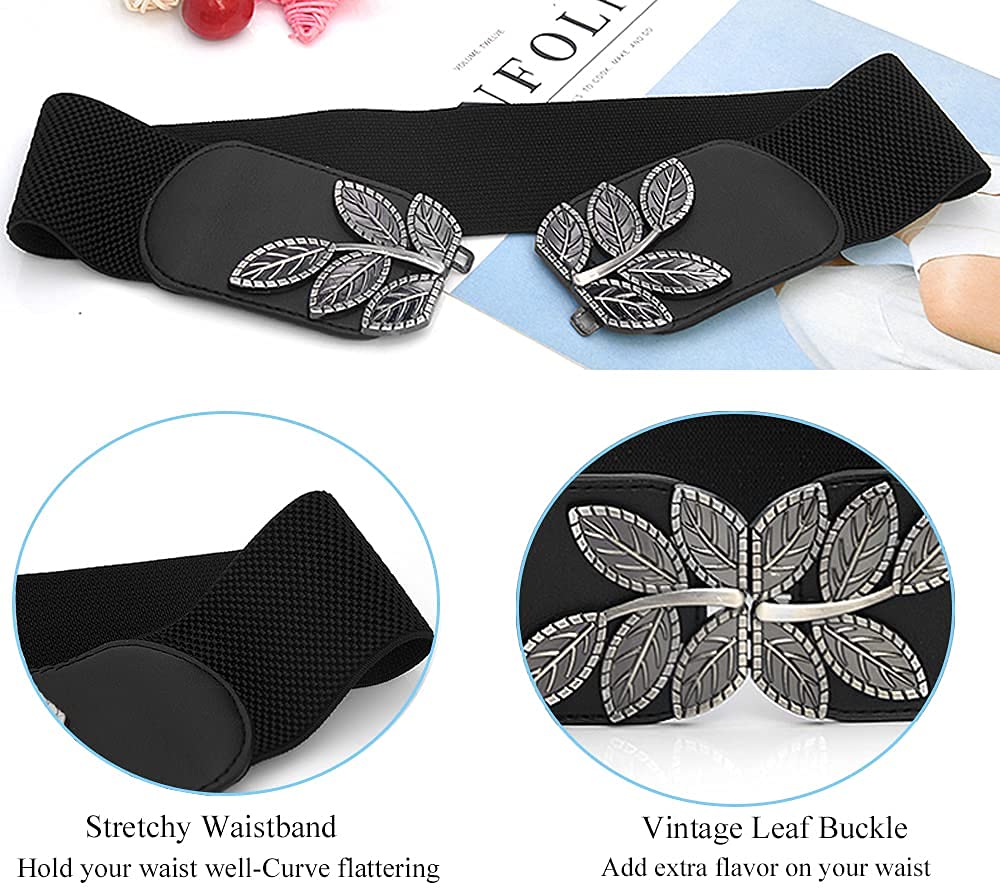 PALAY Belts for Women Dresses Jumpsuit Dress Belts Vintage Elastic Wide Leaf Waist Belt Waistband(Black,68cm)