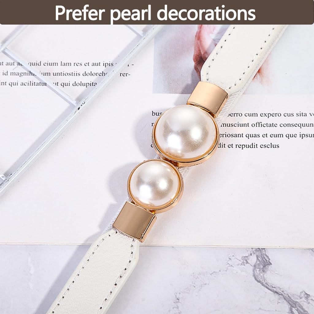 Zibuyu Women Skinny Waist Belt for Dresses with Gold Pearl Buckle 60–80cm Adjustable | White PU Faux Leather Elastic Design
