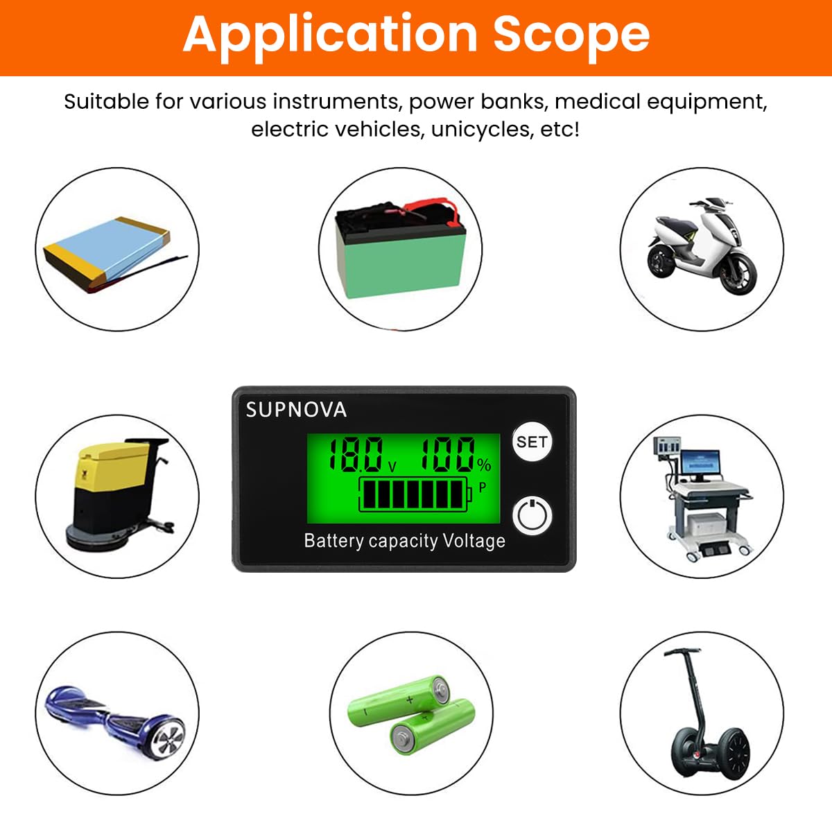 ZORBES Battery Capacity Indicator for 8–100V Lead Acid and Lithium | LCD Display with Temperature Sensor and Buzzer Alarm