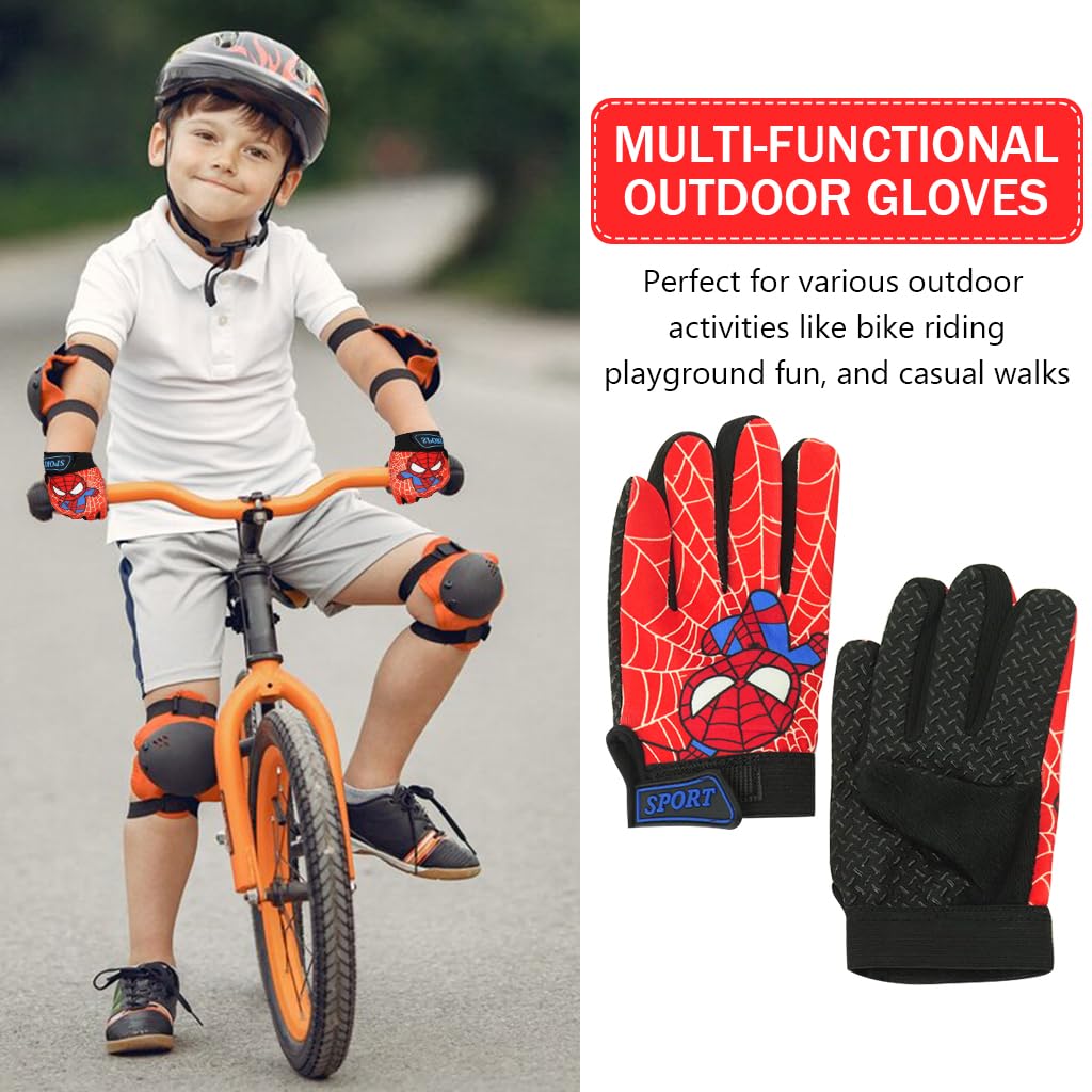 PROBEROS Kids Riding Gloves for Cycling with Anti Slip Palm and Adjustable Wrist | Red Cartoon Print Cotton for Ages 2 to 5