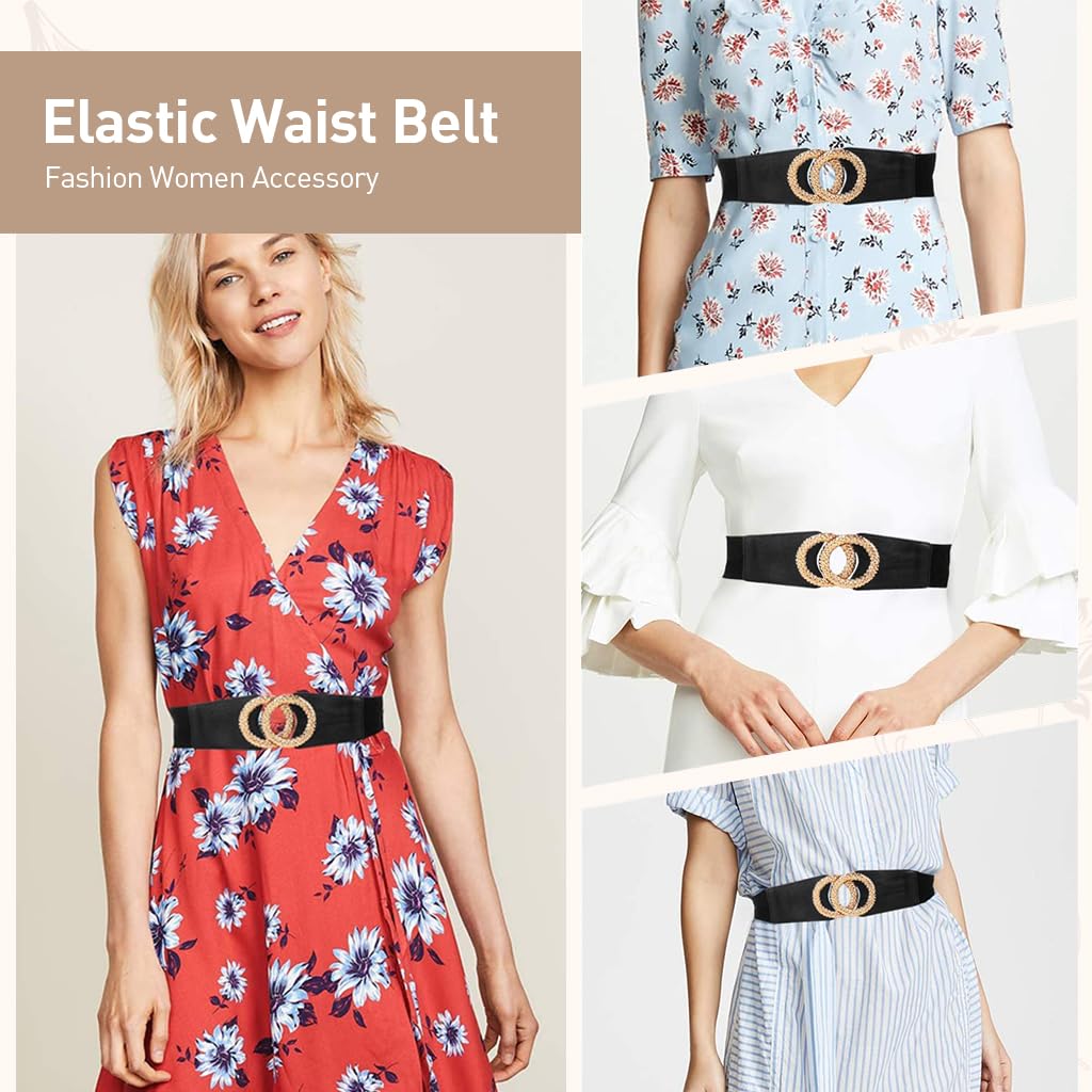 Zibuyu Belt for Women with Golden Crossing Metal Ring Buckle in Black PU Leather | Elastic Waist Accessory for Dresses and Blazers