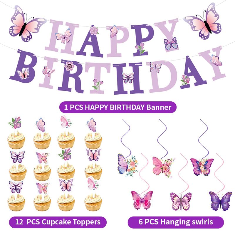 HASTHIP® Birthday Party Supplies Party Room Background Decor, Purple Dreamy Butterfly-Themed Happy Birthday Banner, 6Pcs Floral Butterfly Spiral Hanging Decoration, 12Pcs Decorative Cake Topper