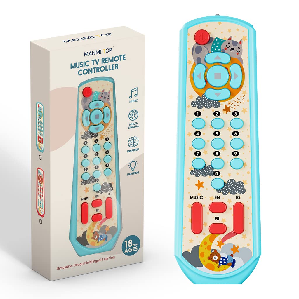 PATPAT Remote Control Toys for Babies Three Language Musical Light Toy Remote, Montessori Learning TV Remote Toy, Soothing Toy, Sensory Toy, Educational Toys for 6 Months+ Toddlers Boys Girls (Blue)