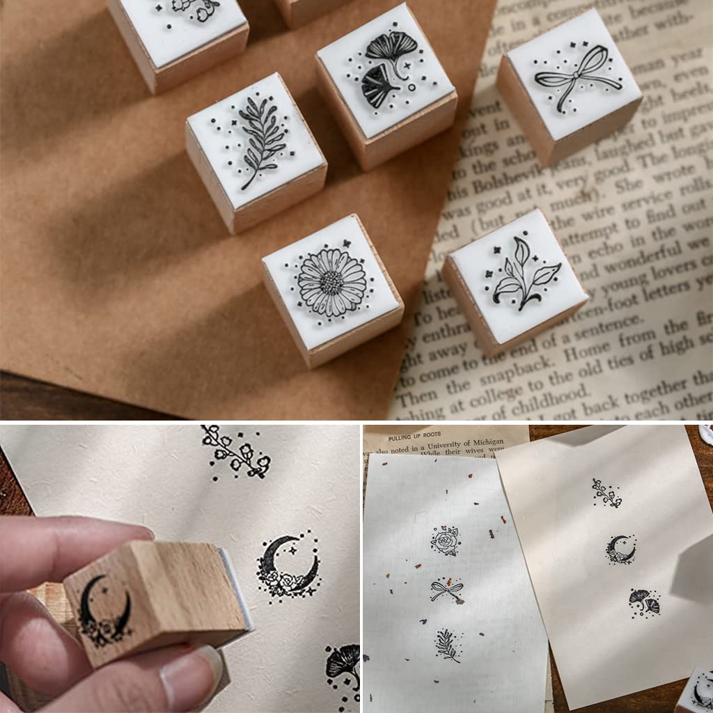 HASTHIP 16Pcs Vintage Wooden Rubber Stamps, Aesthetic Flower Decorative Rubber Stamp Set, Bowknot Flower Leaf Stamp for Art Craft, Journal, Diary, Scrapbook, Letter, Card Making