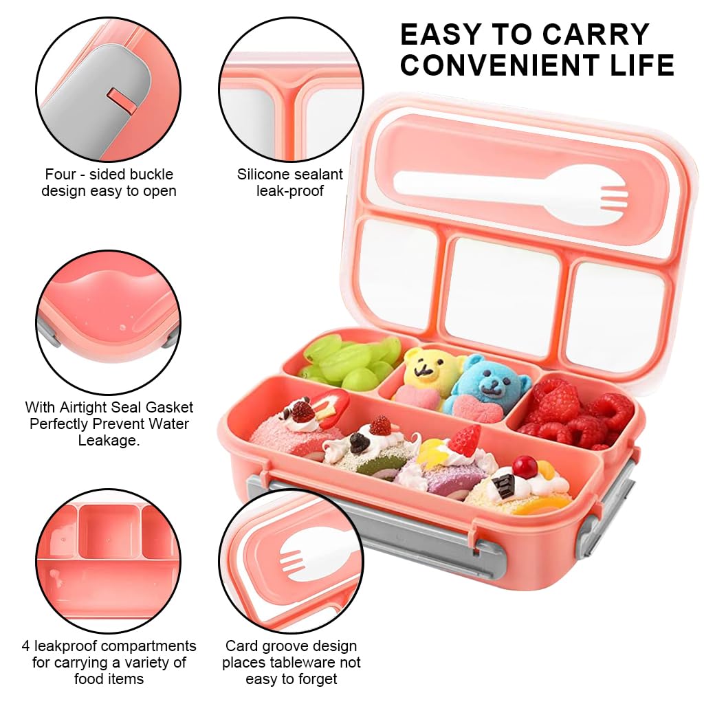 Supvox® Lunch Box for Kids School Bento Box for Kids 4 Compartments Bento Box Fruit Box for Kids to School, with 6 Cups, Kids Fruit Picks, Mini Sauce Box, School Lunch Box for Kids, Pink