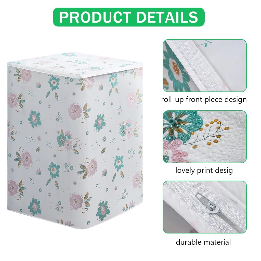 HASTHIP® Dust Cover for Household Washing Machine PEVA Dust Cover with Roll-Up Curtain fpr Front-Loading Washer Fashion Floral Print Household Washing Machine Dust Cover