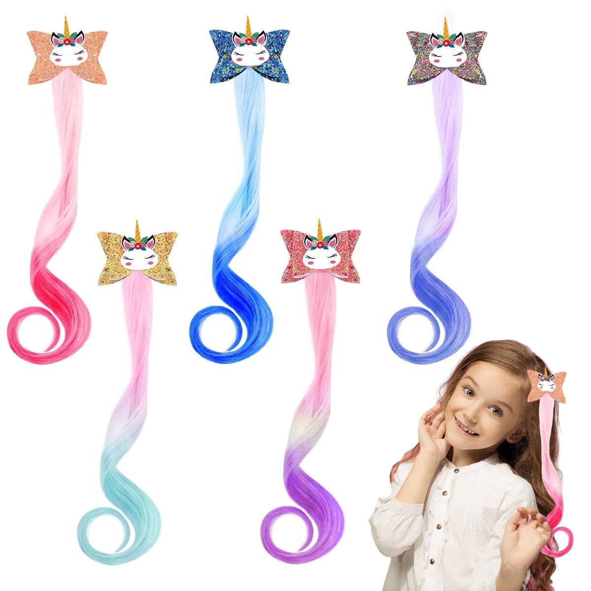 PALAY® 5Pcs Girl Hair Clip Unicorn Bow Hair Clip Girls Clip-in Color Hair Extension for Ponytail Braid Curl Hair Accessories Unicorn Bow Hair Clip Hair Extensions for Girls