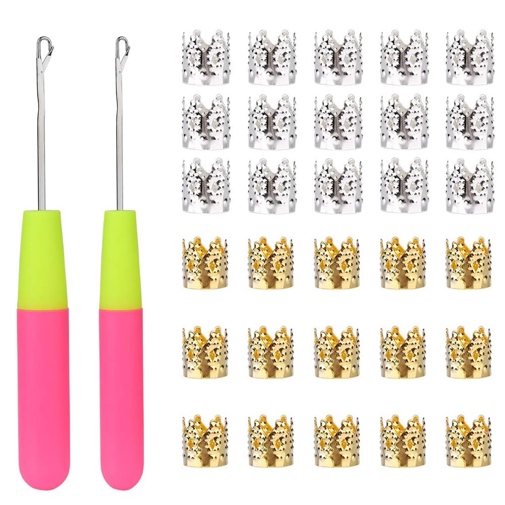 HASTHIP Dreadlock Crochet Hooks Set for Braiding with 2 Sizes and 30 Crown Charms | Gold & Silver
