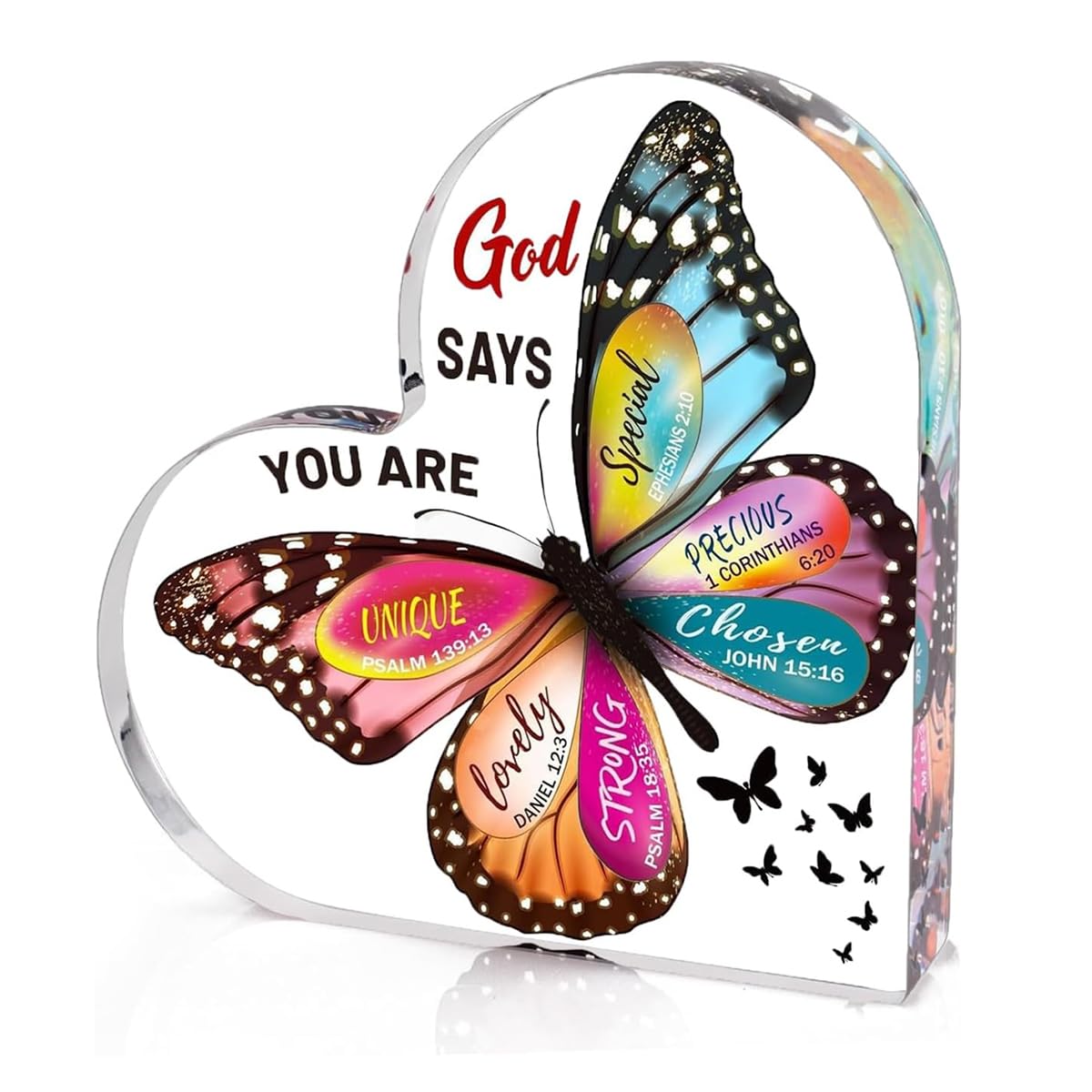 HASTHIP Inspirational Christian Desk Decor for Women with 15x15x1.5 cm Heart Acrylic Ornament | Faith Gift Featuring UV Printed Butterfly Design