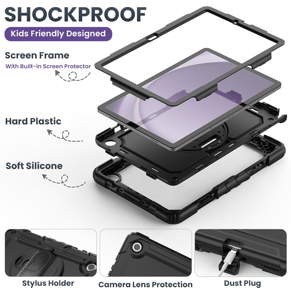 ZORBES Silicone Case for Samsung Tab A9 Plus 11 Inch 2023 with 360° Rotatable Grip and Kickstand | Detachable Sling Strap