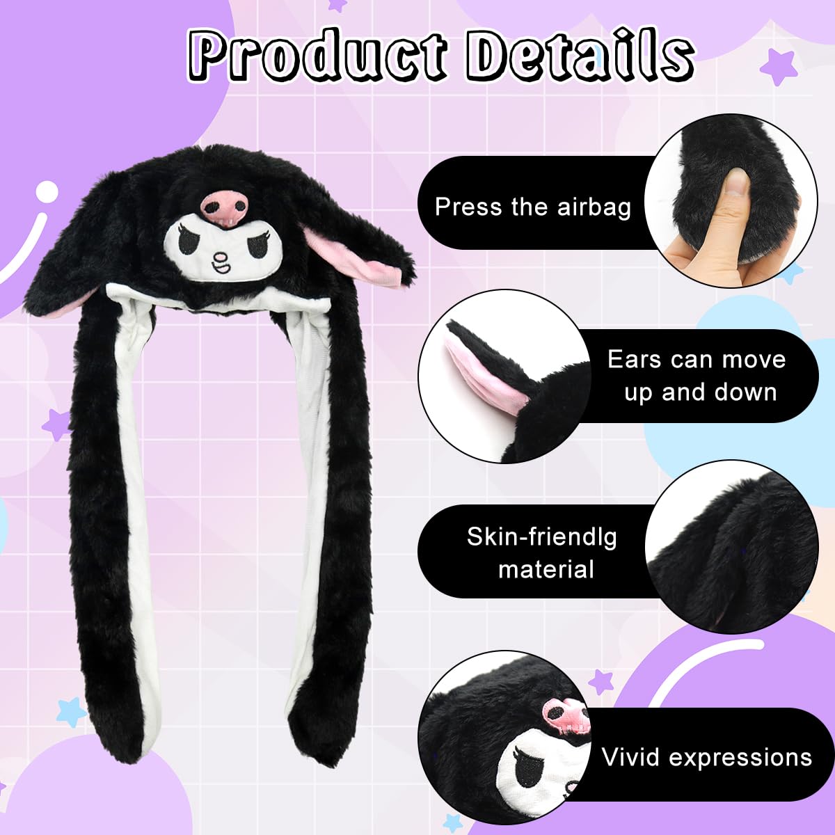 PATPAT® Kawaii Winter Hat for Girls Sanrio Cartoon Kuromi Plush Winter Hat Plush Fun Moving Ear Kuromi Hat Christmas Gift for Girls