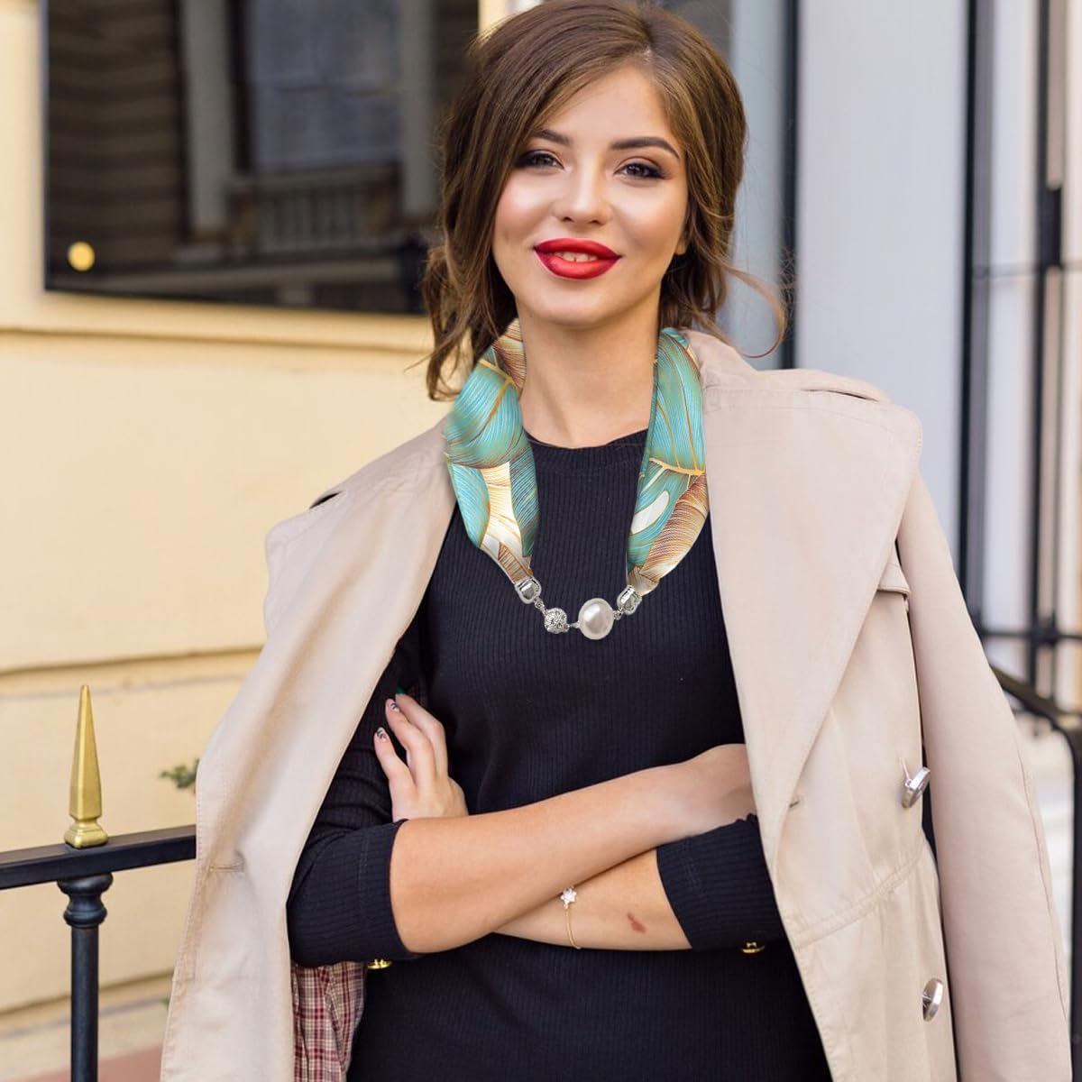 PALAY Neck Scarf for Women with Magnetic Buckle Featuring Golden Charms | 2 PCS Satin Silk-Feel Accessory