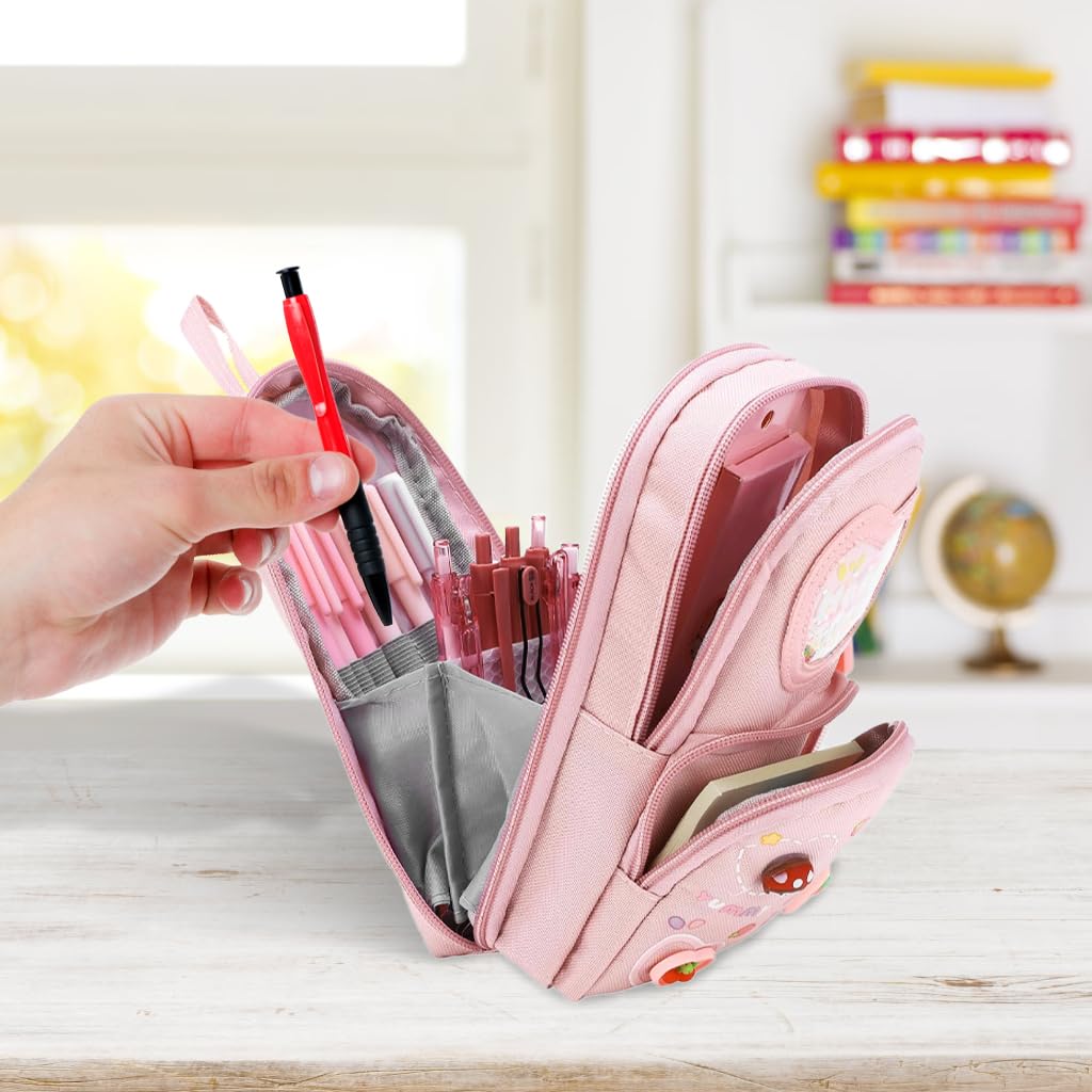 Zibuyu Pencil Pouch for Girls with 6 Layers and 3 Compartments Pink Canvas | Kawaii Organizer