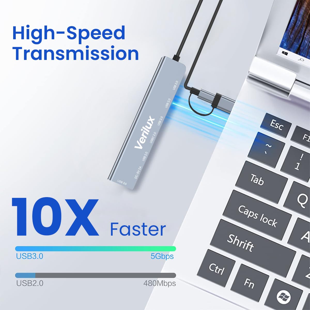 Verilux® USB Hub USB C Hub with USB Adapter 7 in 1 USB Hub for Data Transfer Universal USB C Hub with USB 3.0 Port & 3 USB 2.0 Ports USB C Port Compatible with Laptop, MacBook Air, Mac Mini/Pro