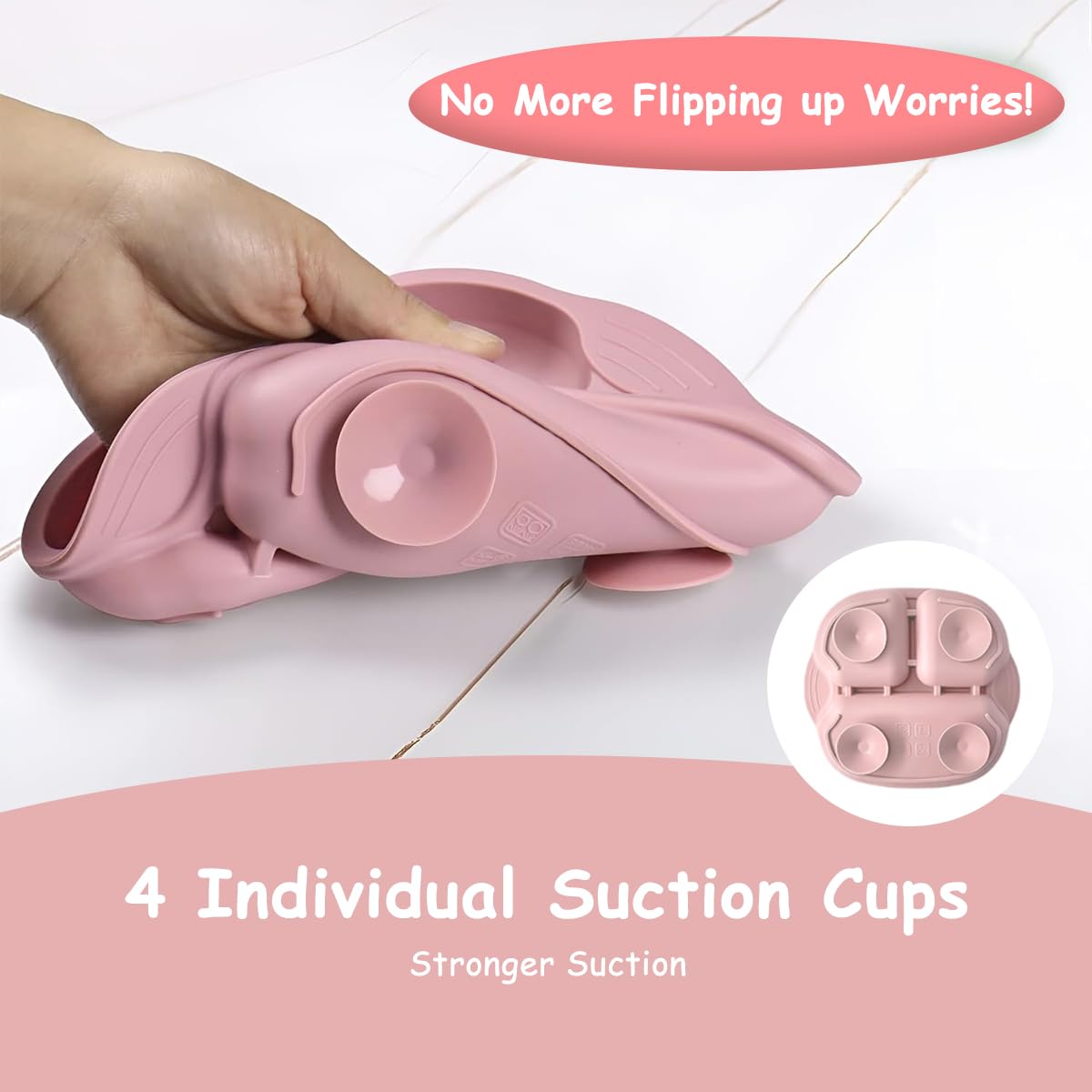 SNOWIE SOFT Baby Food Plate with 4 Strong Suction Cups and BPA Free Silicone | Pink Feeding Set