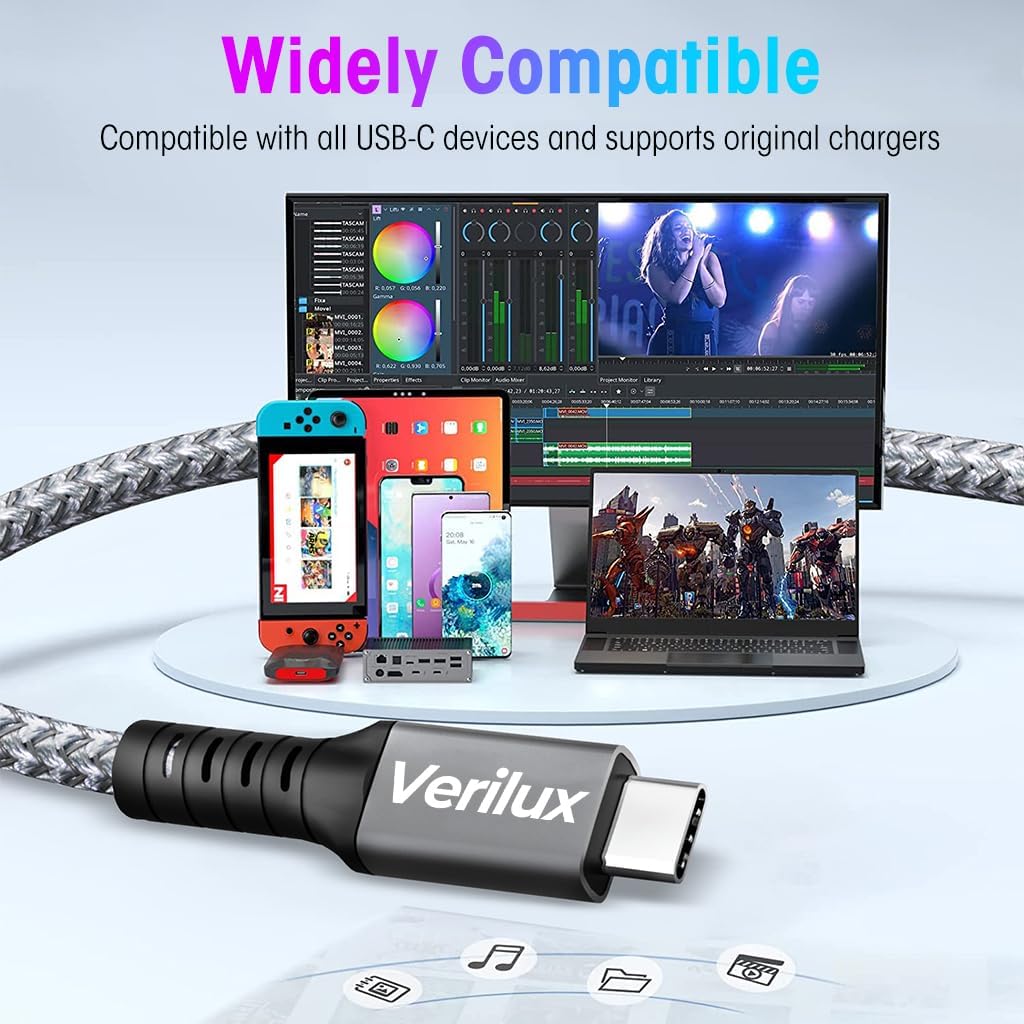 Verilux Type C Cable 4.9 ft for Fast Charging and 20Gbps Data Transfer | Supports 4K 60Hz Display