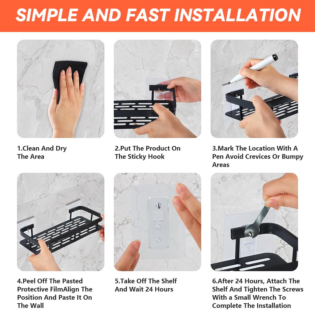 Zibuyu Bathroom Shelf for Wall with Self Adhesive Mount and Quick Drain Aluminum Rack 30.5x13x5.5cm | 2 Pcs Space Saving Storage