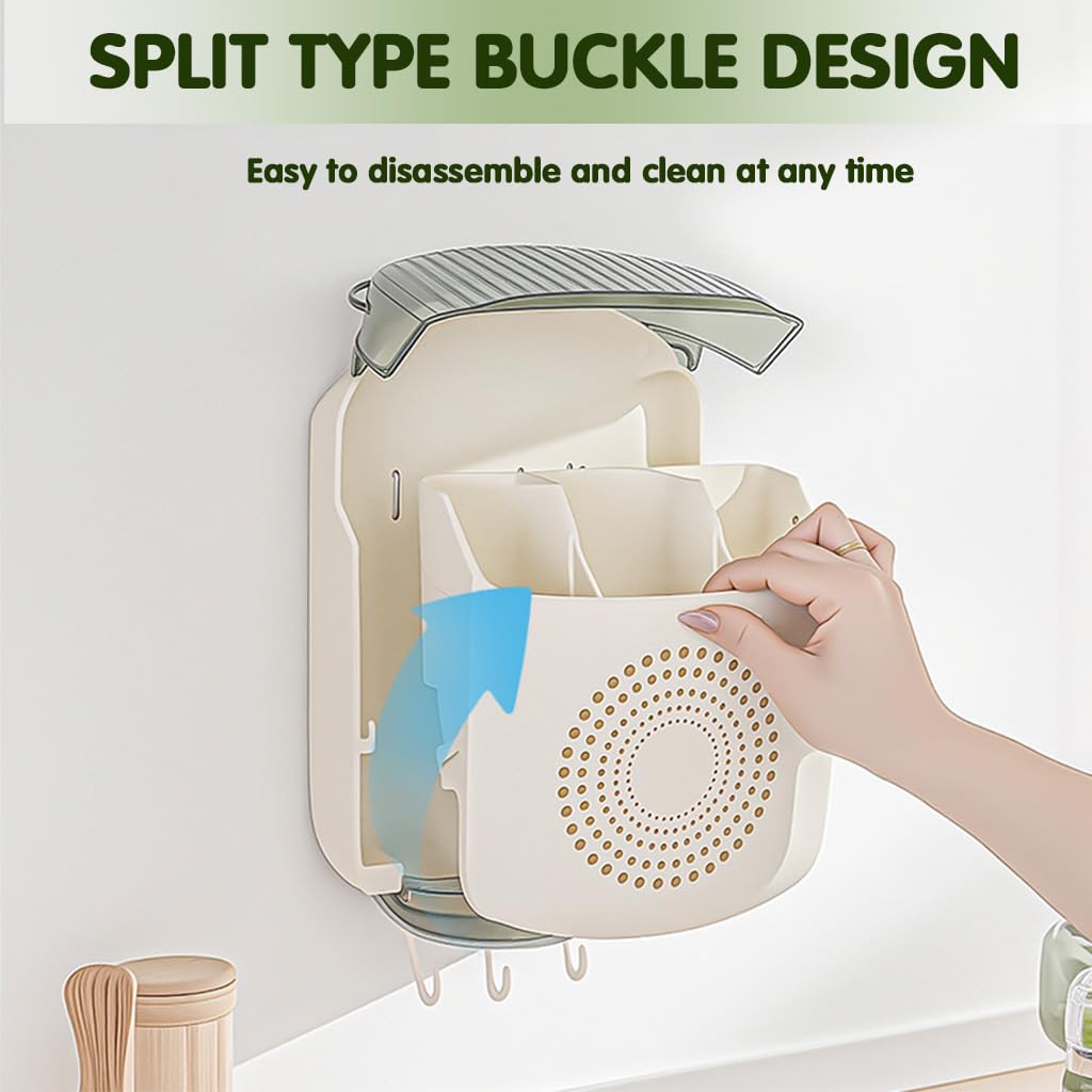 Supvox Kitchen Cutleries Organizer with 3 Compartments and Vented Dry Rack | Wall Mounted Holder with Lid and Hooks