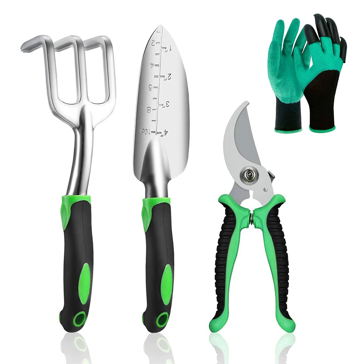 HASTHIP 4Pcs Garden Tools for Home Gardening Stainless Steel Heavy Duty Tools, Gardening Transplanting Spade, Cultivator, Pruner and Gardening Gloves, Farming Tools Garden Tool Sets