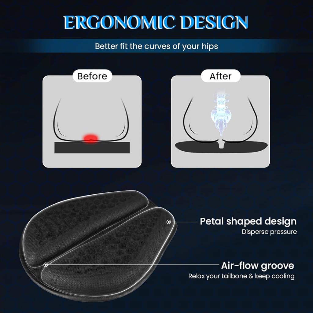 STHIRA® Bike Seat Cushion Gel for Motorcycle Breathable 3D Honeycomb Design Cover with Waterproof and UV Sun Shock-Absorbing Anti-Slip Fit Long Rides 3 PCS