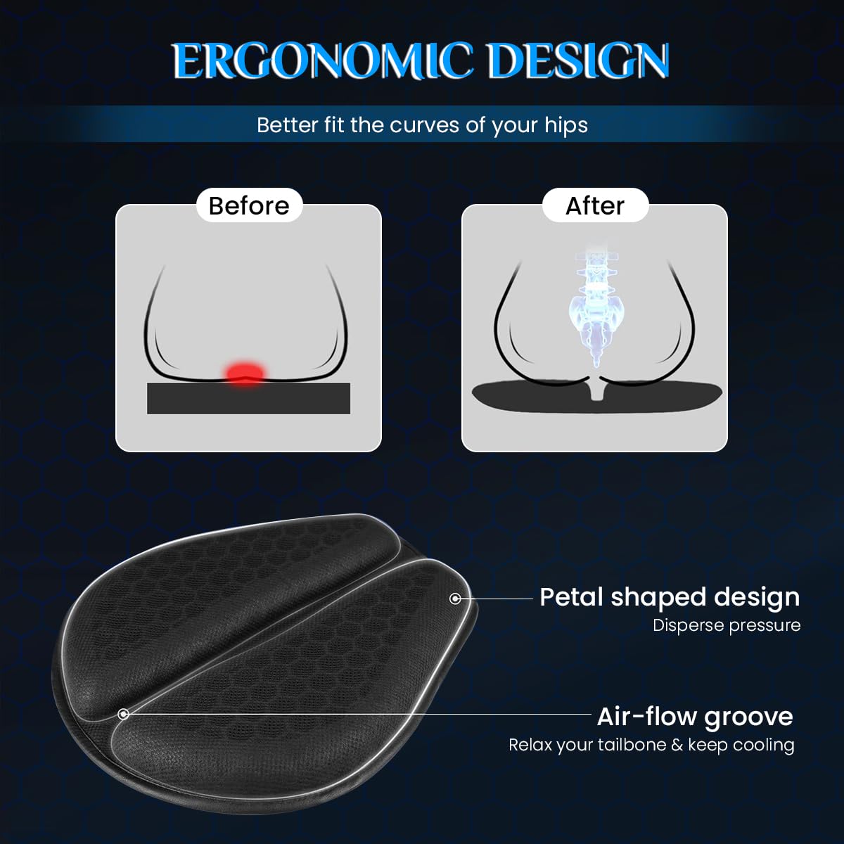 STHIRA Bike Seat Cushion Gel for Motorcycle with 3D Honeycomb Design and Anti Slip Fit | 3 PCS