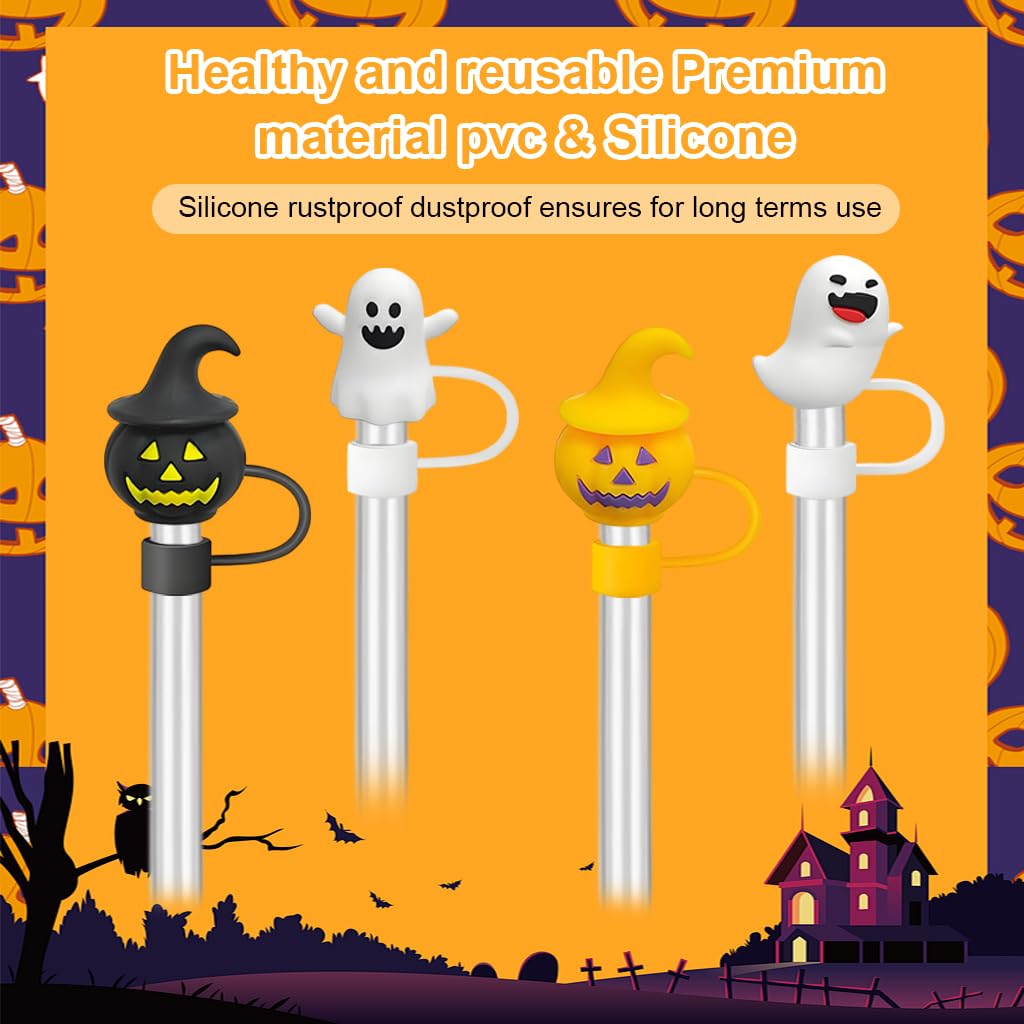 HASTHIP Halloween Silicone Straw Caps for 10mm Reusable Straws featuring Pumpkin and Ghost Designs