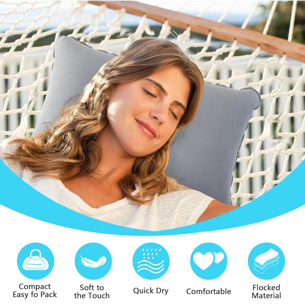 HANNEA Inflatable Pillow for Travel and Camping featuring Ergonomic Support | 16.9x10.36 in Soft Flocked PVC
