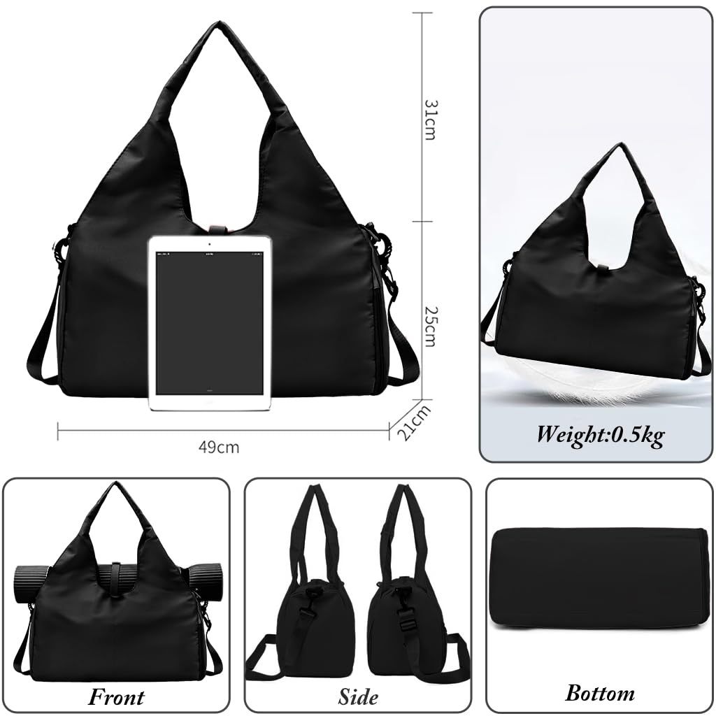 PALAY Women Gym Bag for Travel and Fitness with Shoes Compartment 49x21x25cm Oxford Waterproof Black