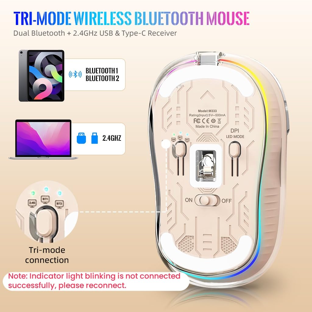 Verilux® Wireless Mouse, Transparent Rechargeable Bluetooth Mouse, Wireless Gaming Mouse with 2.4G & 3.0BT & 5.0BT, 4 Gears Adjustable DPI Design Wireless Mouse for Laptops/Mac/PC/iPad-Pink