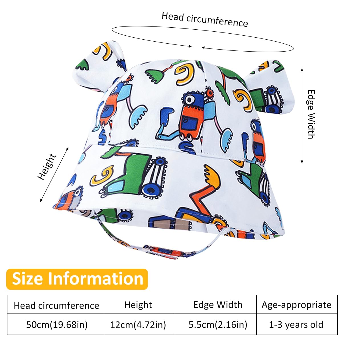 SNOWIE SOFT Sun Hat for Baby with UPF50+ Protection and Chin Strap | Reversible Cartoon Bucket Hat 46CM