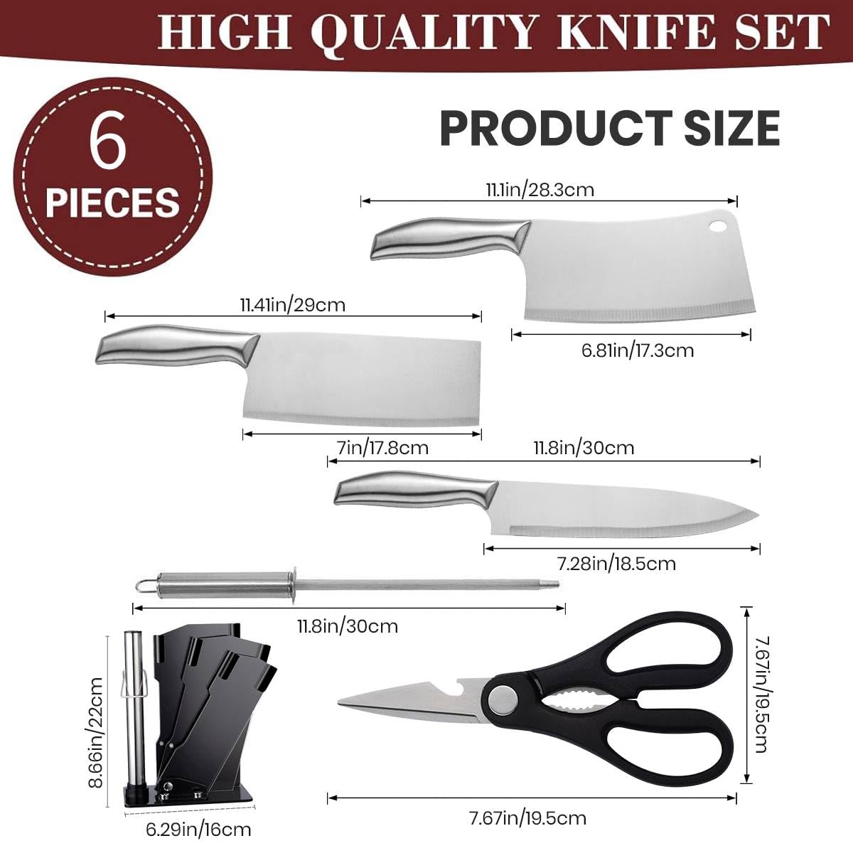 Supvox Kitchen Cutleries Kit 6 Pcs with Full Steel Handles and Acrylic Organizer Stand