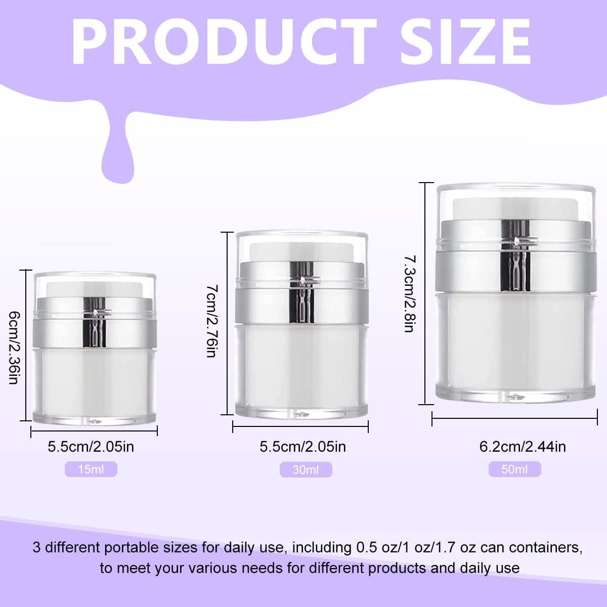 MAYCREATE® 3pcs Face Cream Jar Vacuum Bottle, Empty Lotion Dispenser for Travel, Thicken Acrylic Cosmetic Containers Leakproof Airless Pump Bottles Jars for Cream, Gel & Lotion (0.5oz+1oz+1.7oz)