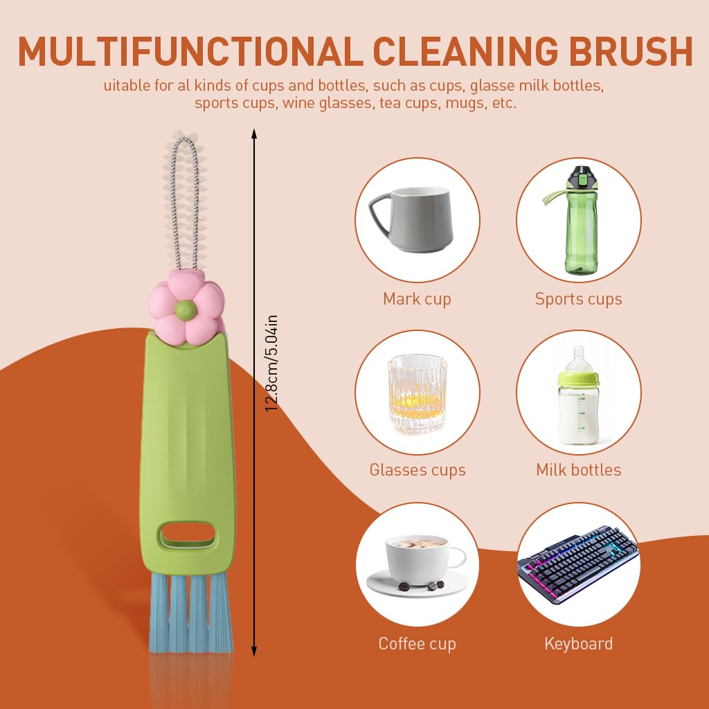 HASTHIP Bottle Cleaning Brushes 3 Pcs for Water Bottles with Dual Head Design and Folding Pry Tool | Cute Flower Style