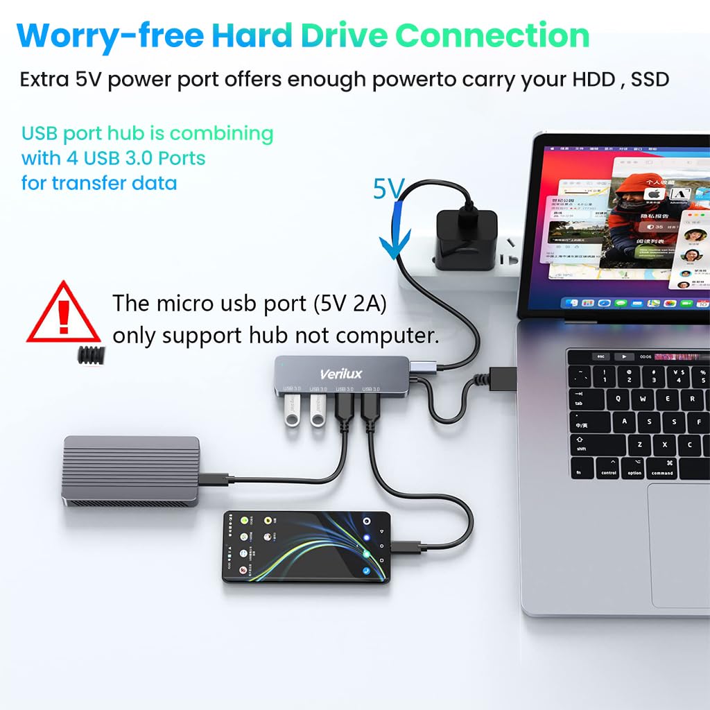 Verilux USB Hub, 4 USB 3.0 Extender,4 in 1 Multiport USB Hub,Aluminum Alloy,Faster Transmission,USB Hub for Home & Work,Compatible with Most USB Devices