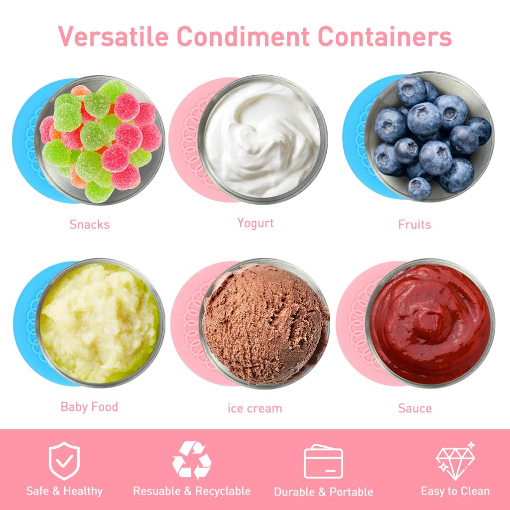 HASTHIP Salad Dressing Container for Lunch and Travel with Leakproof Silicone Lids | 2pcs 70ml Reusable Stainless Steel Cups Pink and Blue