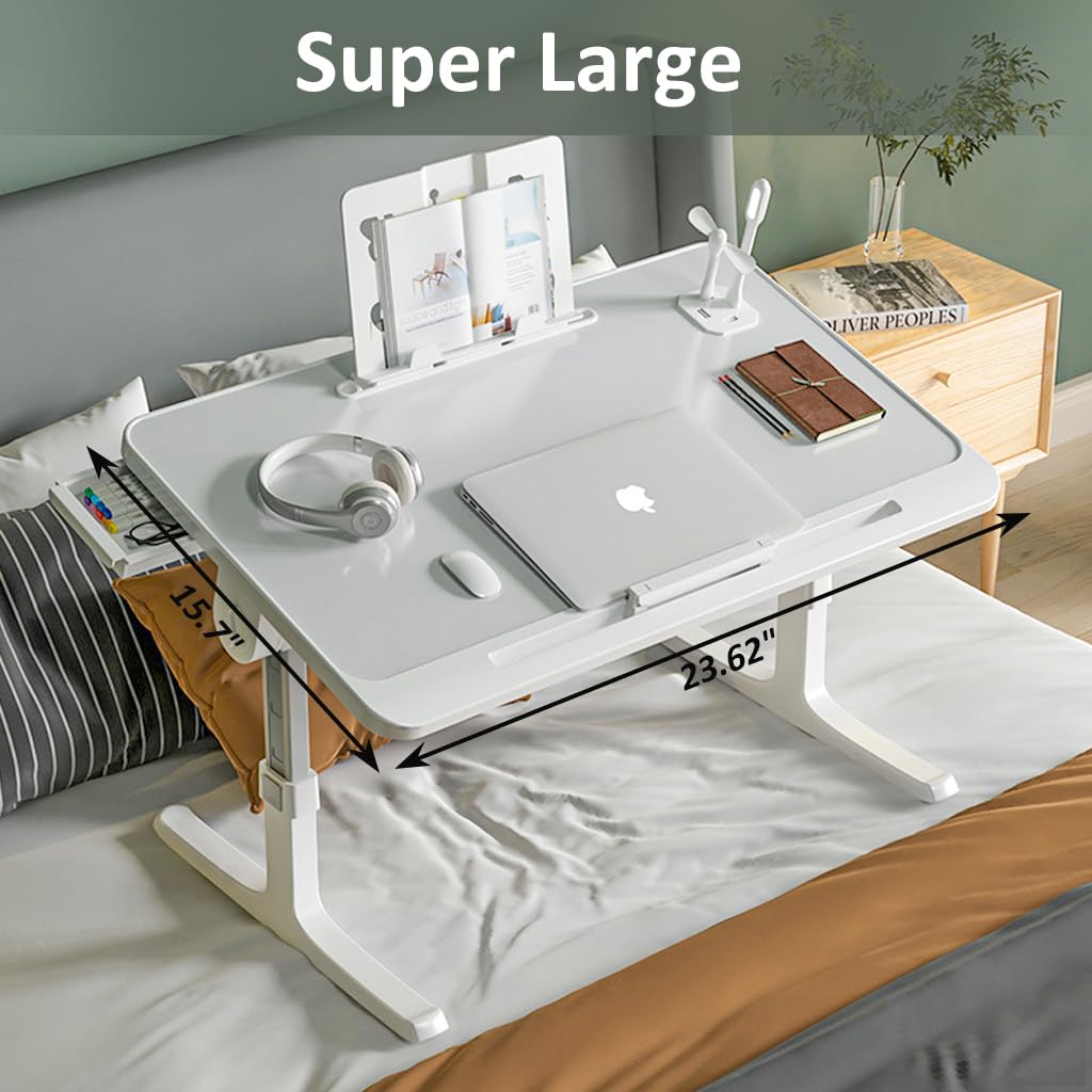 ZORBES Folding Laptop Desk on Bed Adjustable Height and Tilting Laptop Desk with Drawers, Phone Stand & 4 USB Ports Large Laptop Desk Bed Table for Reading, Writing, Working at Home