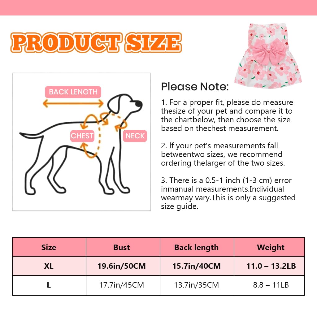 ZIBUYU Florals Pattern Pet Dress for Small Dogs and Cats with Bowknot | Size XL 50cm Bust